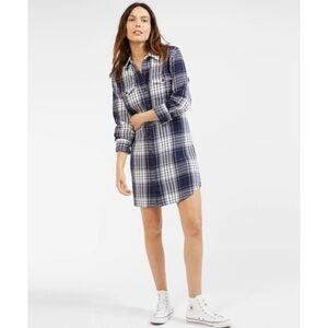 NWT Outerknown Blanket Dress Shirt Womens Navy Blue Plaid Long Sleeve Button Up